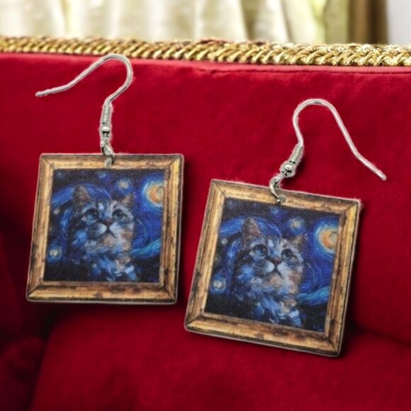 Cat Van Gogh Starry Night Famous Painting Earrings Dangle Pierced Ears Jewelry - Picture 6 of 6
